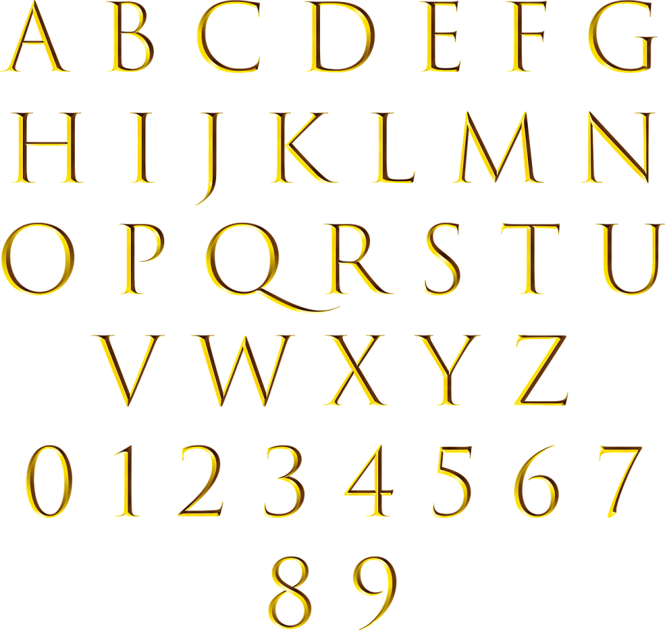 a set of gold letters and numbers