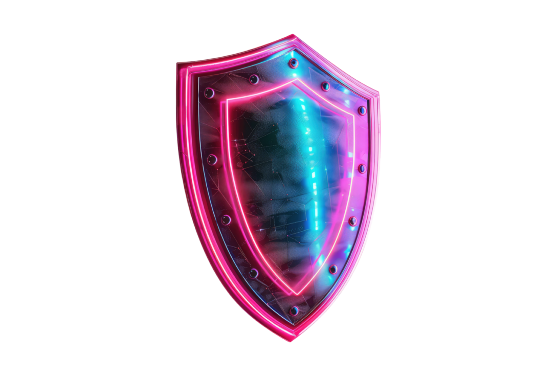 a pink and blue shield with neons on it