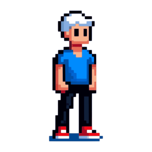 an illustration of a man in a blue shirt and black pants