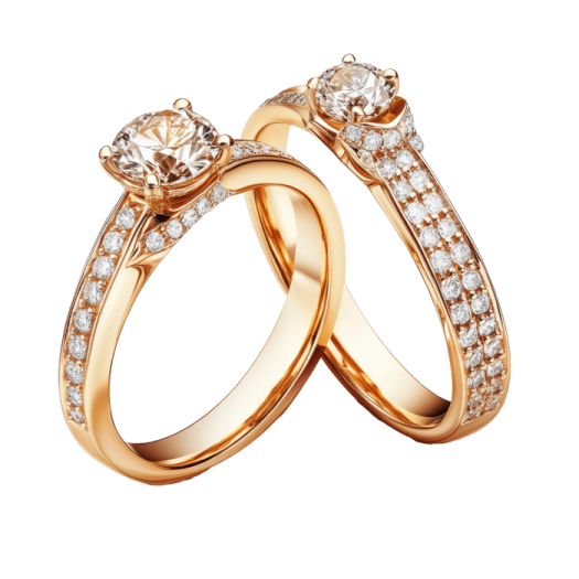 a pair of gold wedding rings with diamonds
