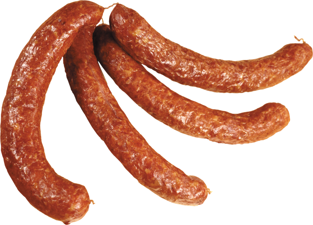 three sausages on a white background