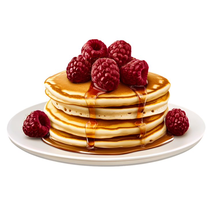 a stack of pancakes on a plate with raspberries