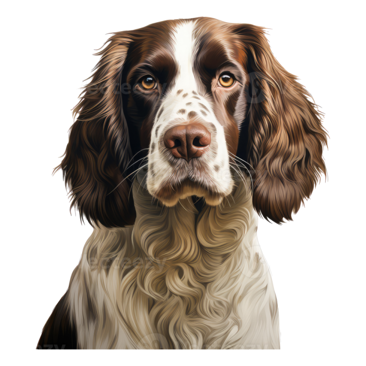 a painting of a brown and white dog