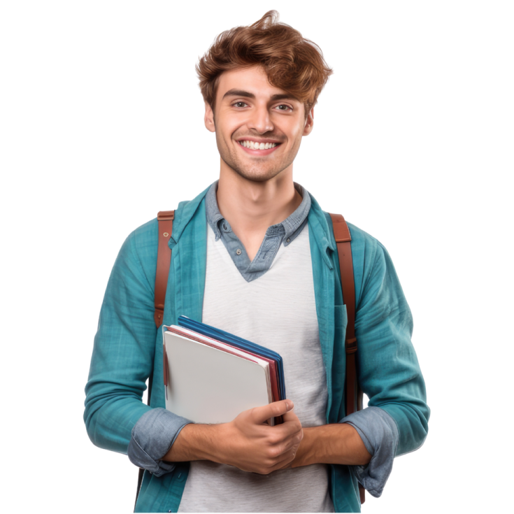 a young man holding a book and smiling at the camera
