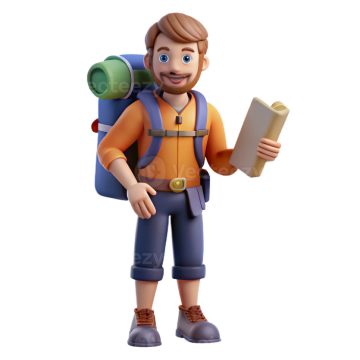 a 3d man with a backpack and a book