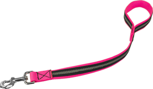 a pink and black leash with a metal hook