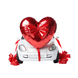 a car with a red heart on the hood