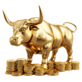 a gold bull standing on stacks of coins
