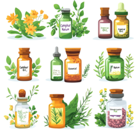 a set of various bottles with different herbs