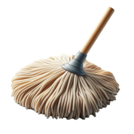 a white mop with a wooden handle