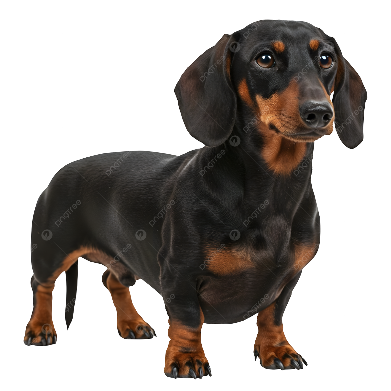 a black and tan day dog standing on a white background