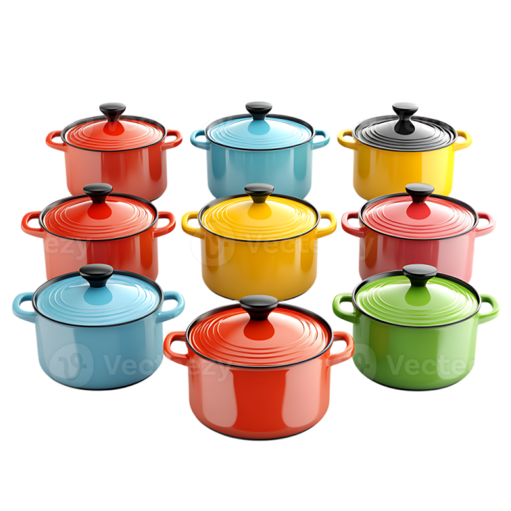 a group of colorful pots and pans