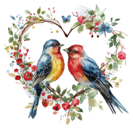two birds sitting on a branch with berries and berries