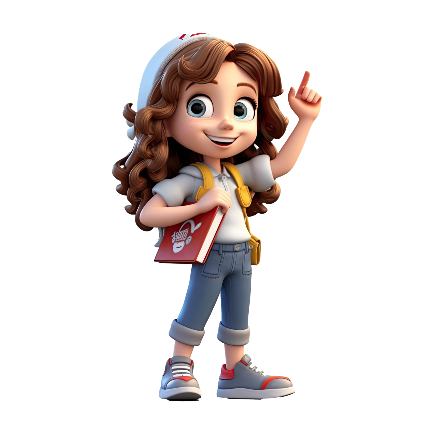 a little girl with brown hair and blue jeans, wearing a backpack and holding her hand up