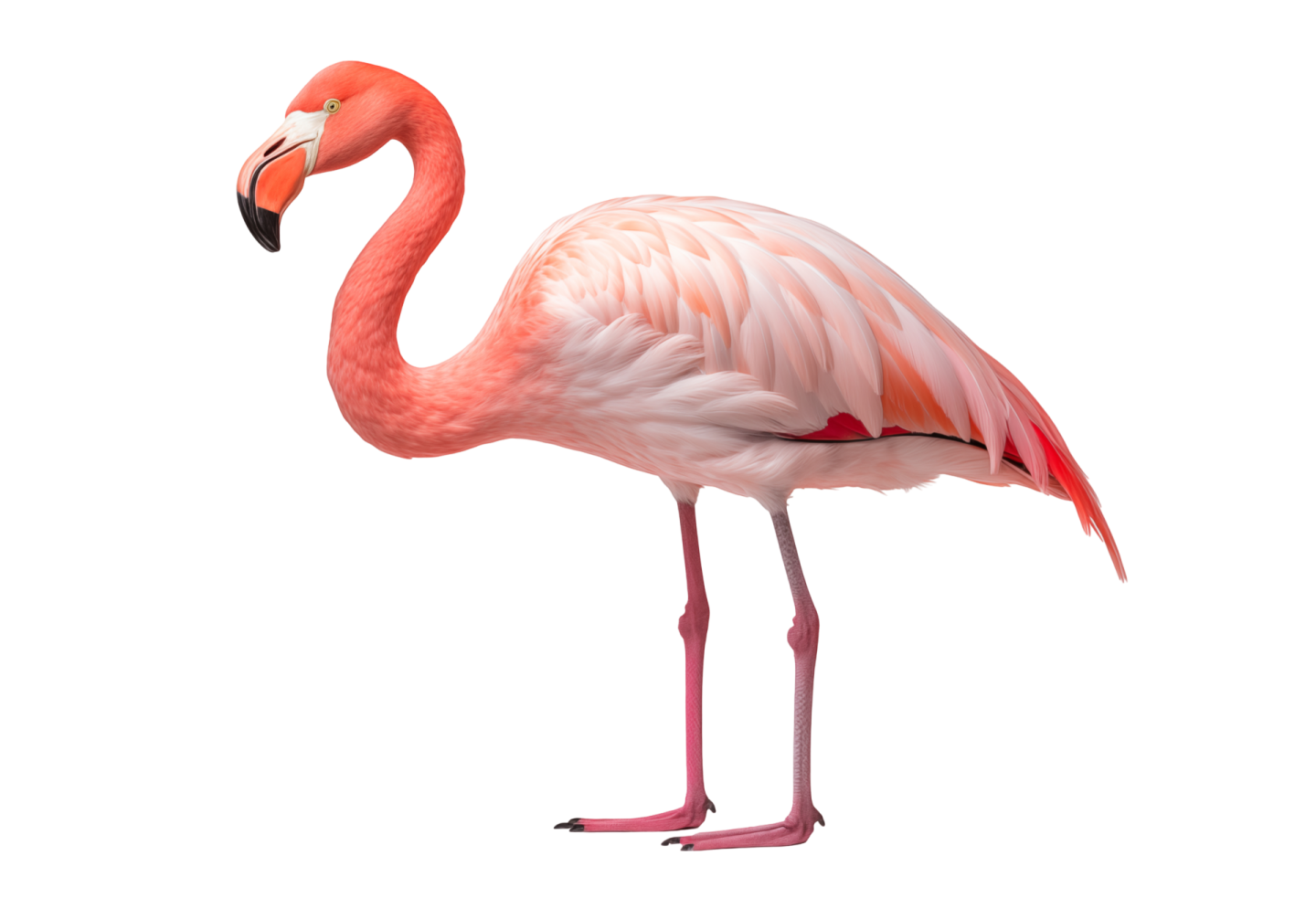a pink flaming standing in front of a white background