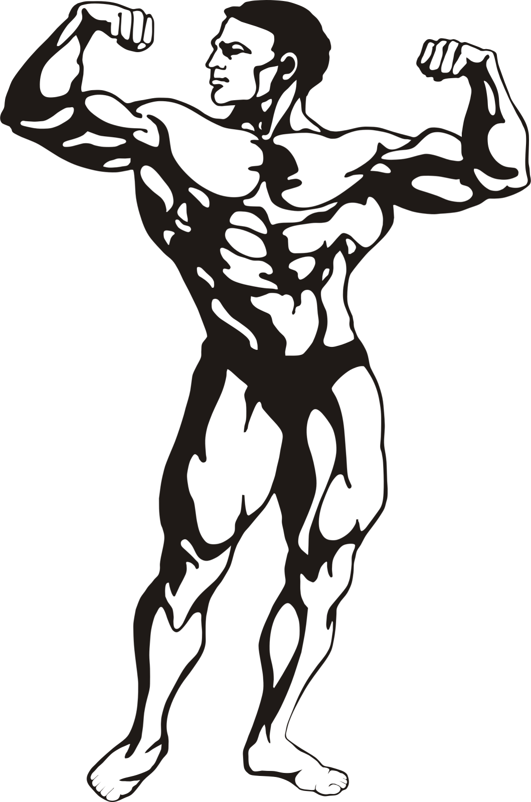 a black and white illustration of a man flexing his muscles