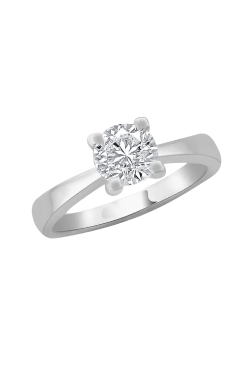 a white gold engagement ring with a single diamond