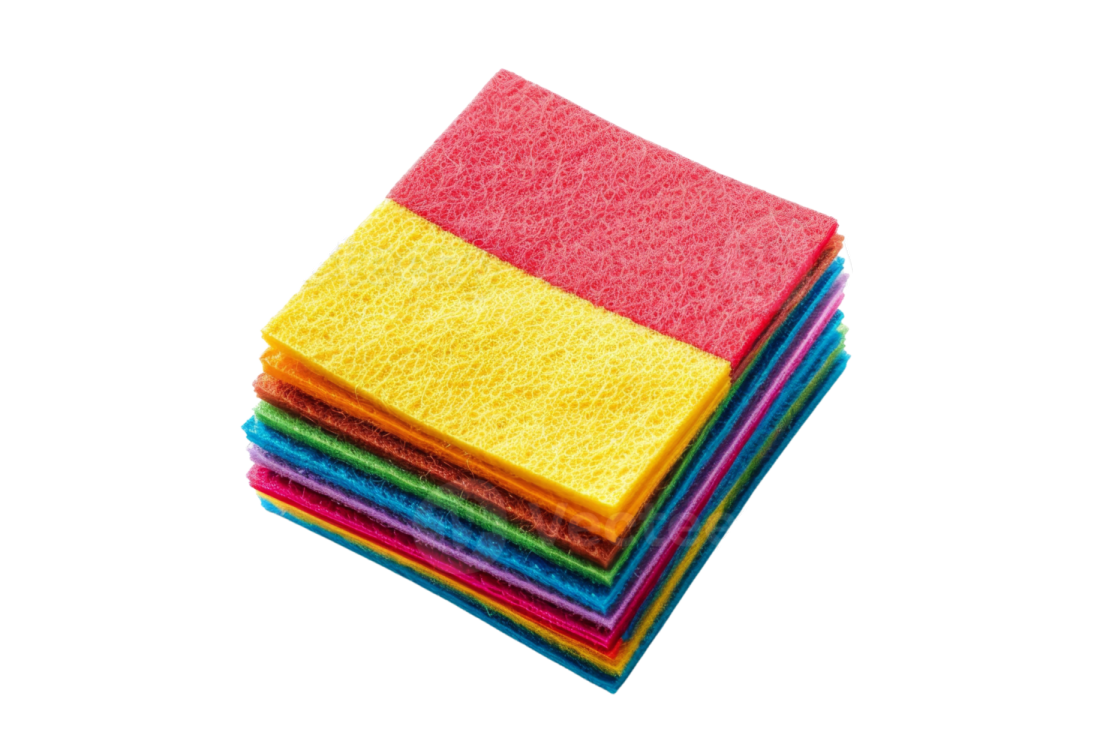 a stack of cleaning sponges on white background