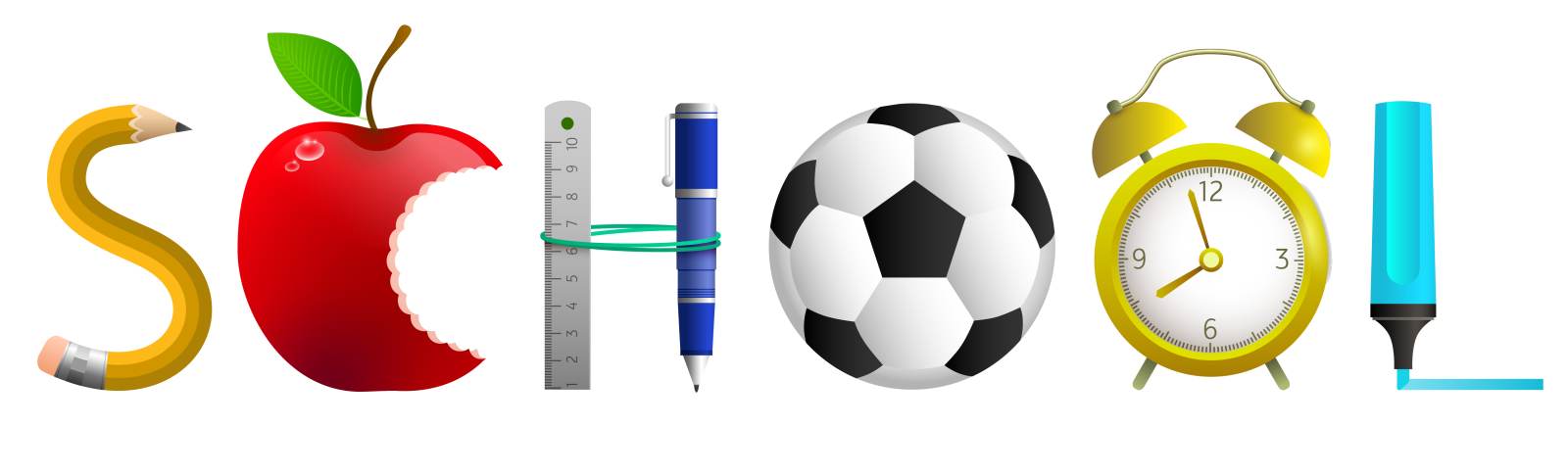 a clock, an apple and a soccer ball
