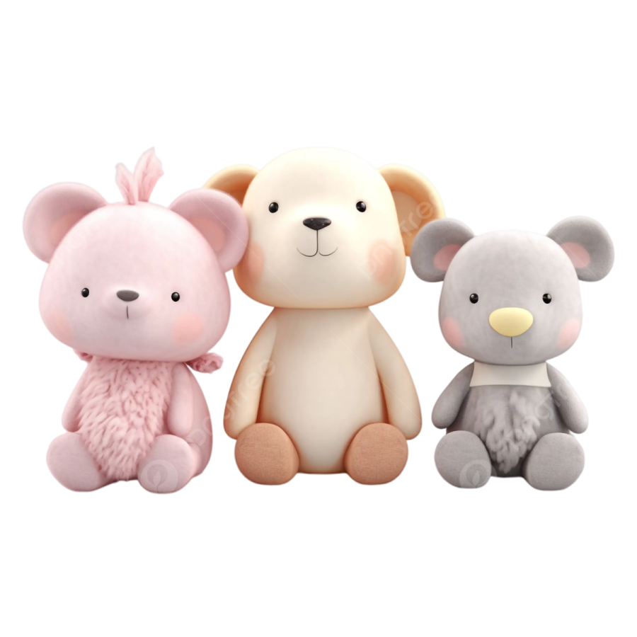 three stuffed animals sitting side by side