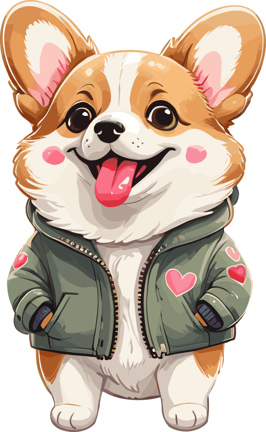 a cute corgy dog in a green jacket