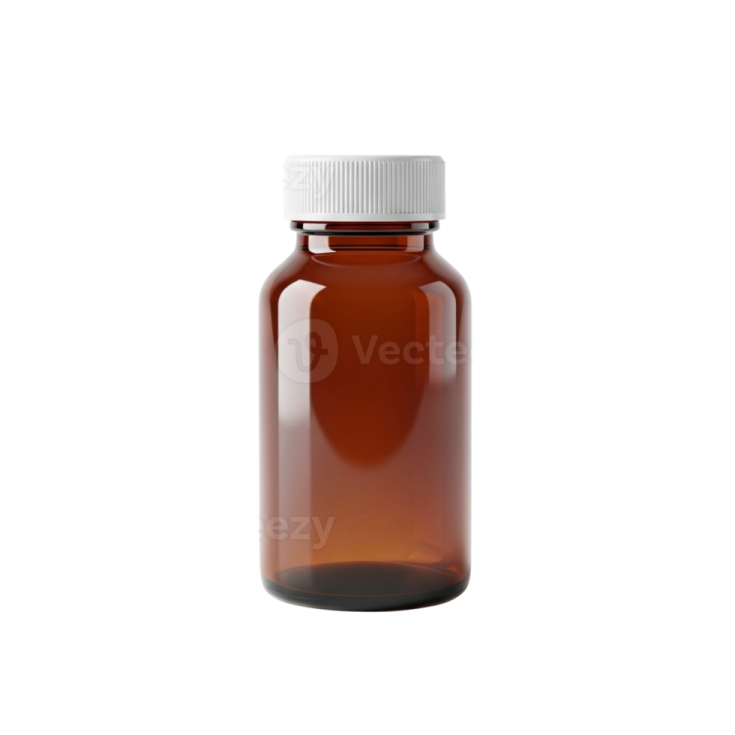 a brown glass bottle with a white cap