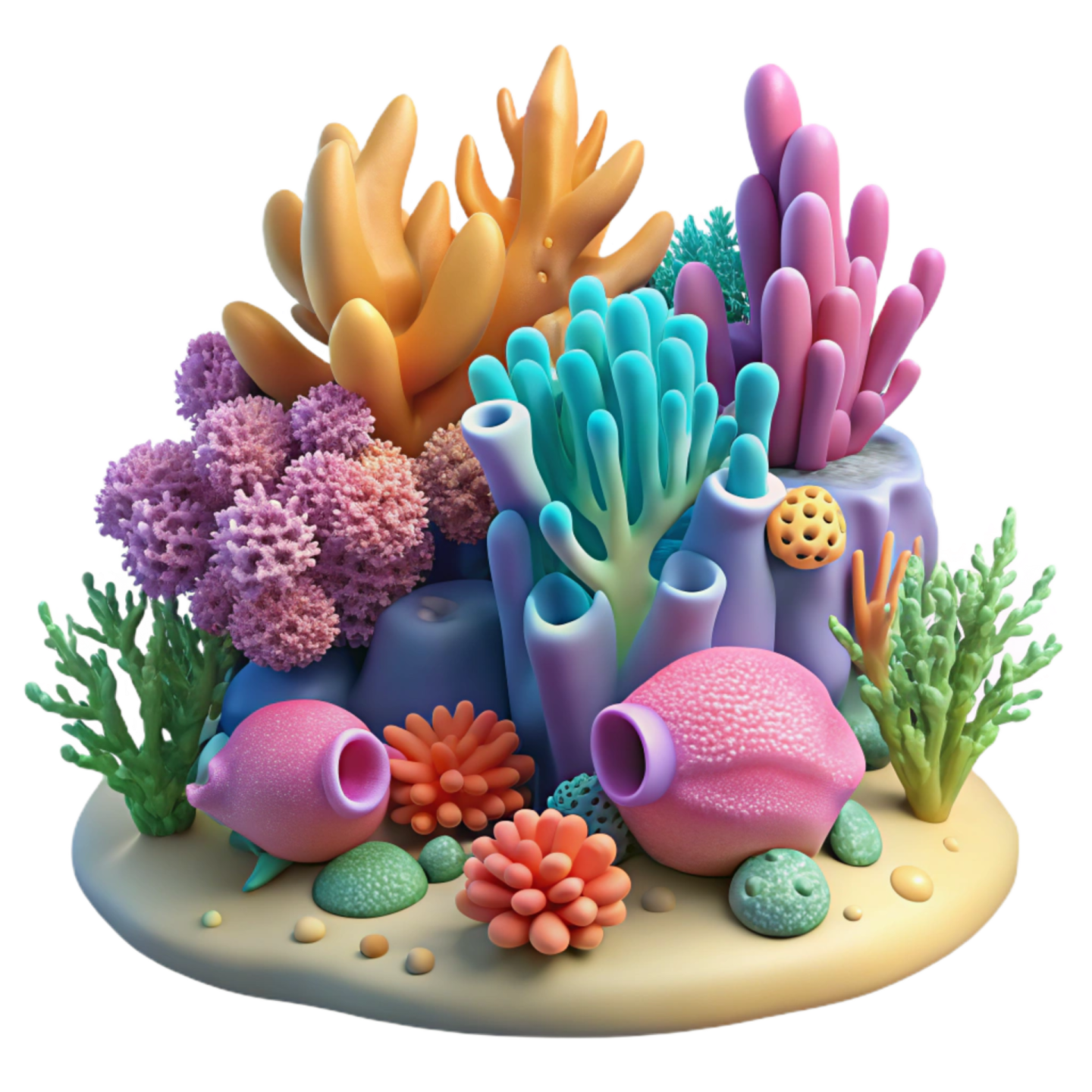 a bunch of different colored corals on a white background