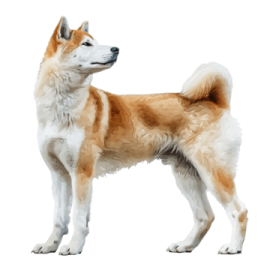 a brown and white dog standing on a white background
