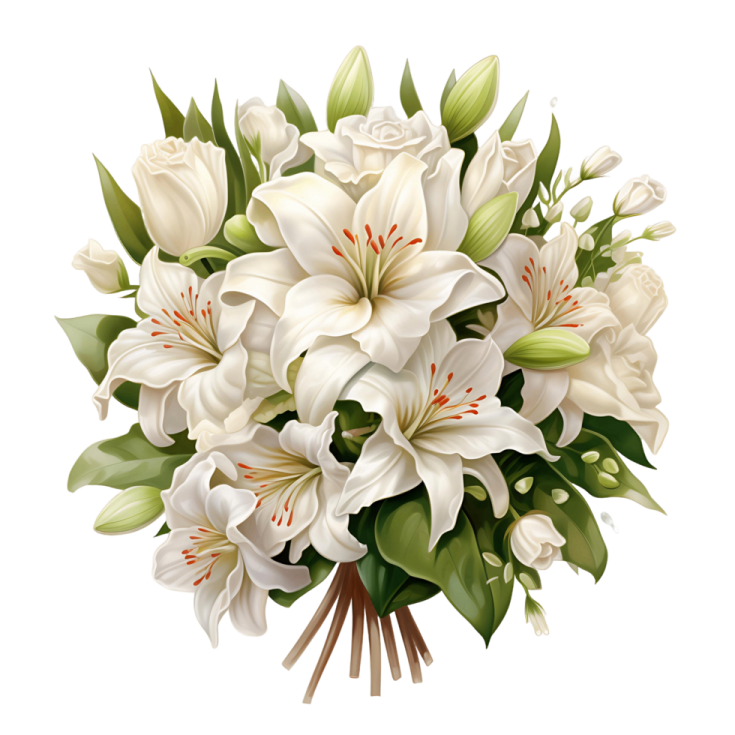 a bouquet of white lilies and roses