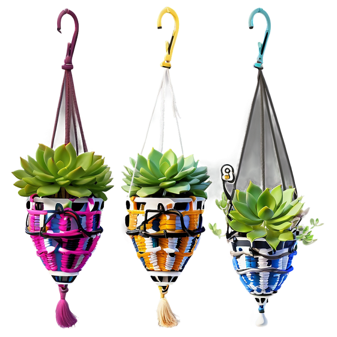 three hanging planters with plants in them