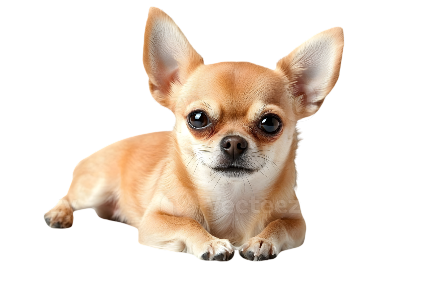 a small dog with big eyes laying down