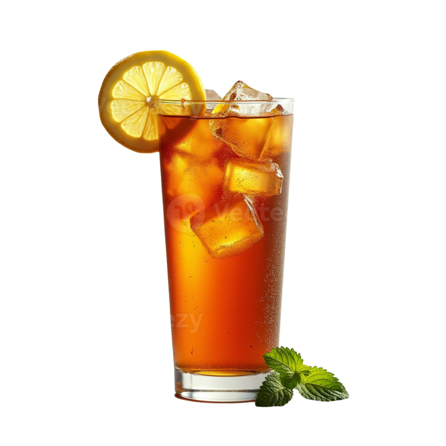 a glass filled with ice and a slice of lemon