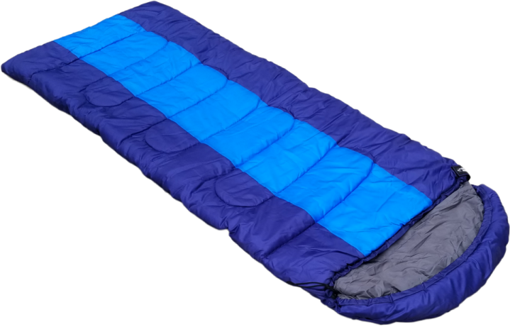 a blue sleeping bag on a white background