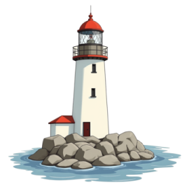 a lighthouse with rocks in the water