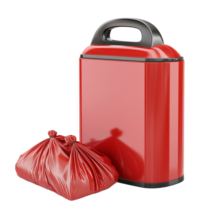 a red trash can with a plastic bag