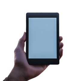 a hand holding a tablet with a blank screen