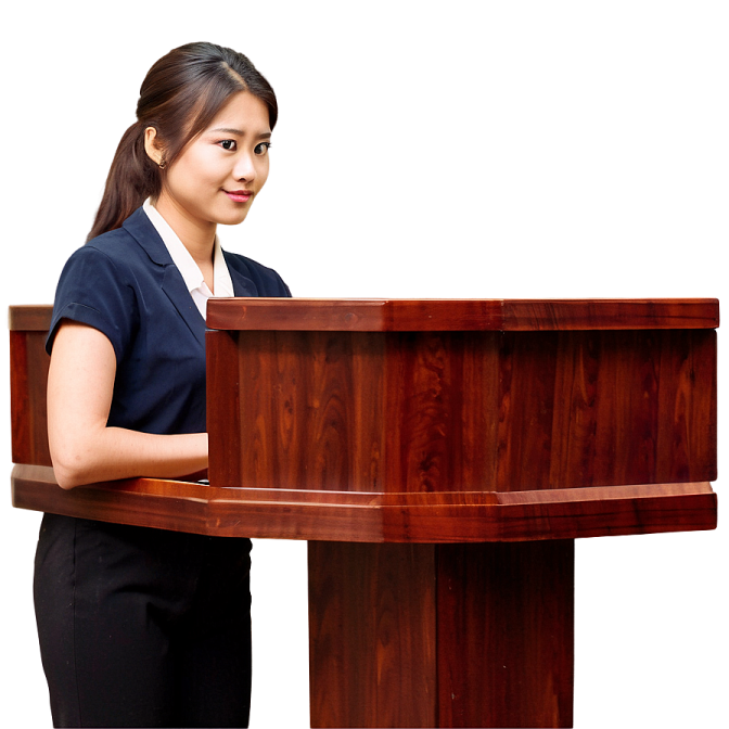 a woman standing behind a podium in front of a white background
