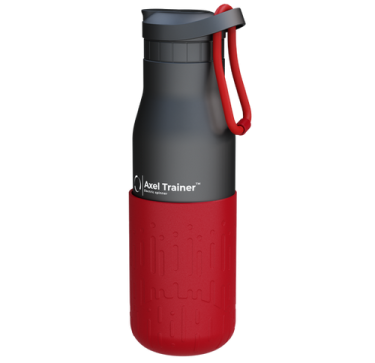 a red and black water bottle with the lid open