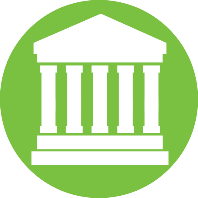 a green circle with an image of a temple