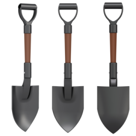 three black and brown shovels with wooden handles