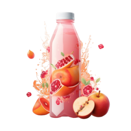 a bottle of peach juice with some fruit around it