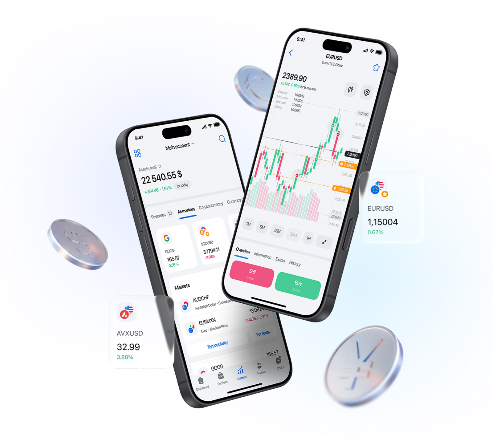 two smartphones with different trading options on them