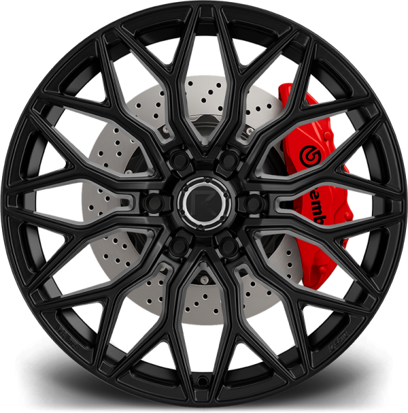 a black wheel with red brake pads