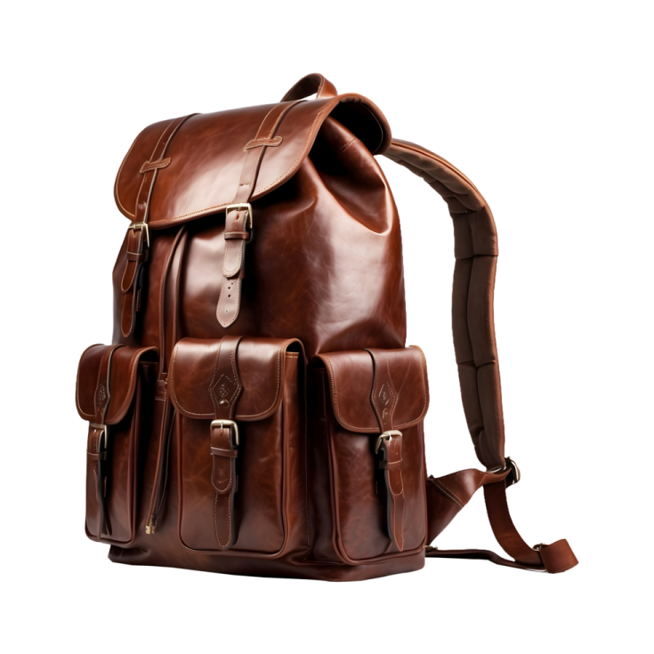 a brown leather backpack on white background