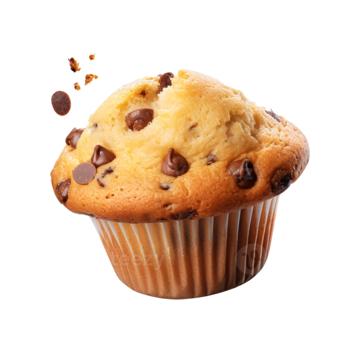 a muffin with chocolate chips falling out of it