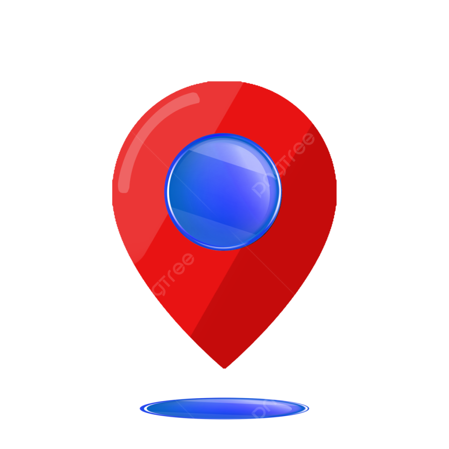 a red map marker with a blue pin on it
