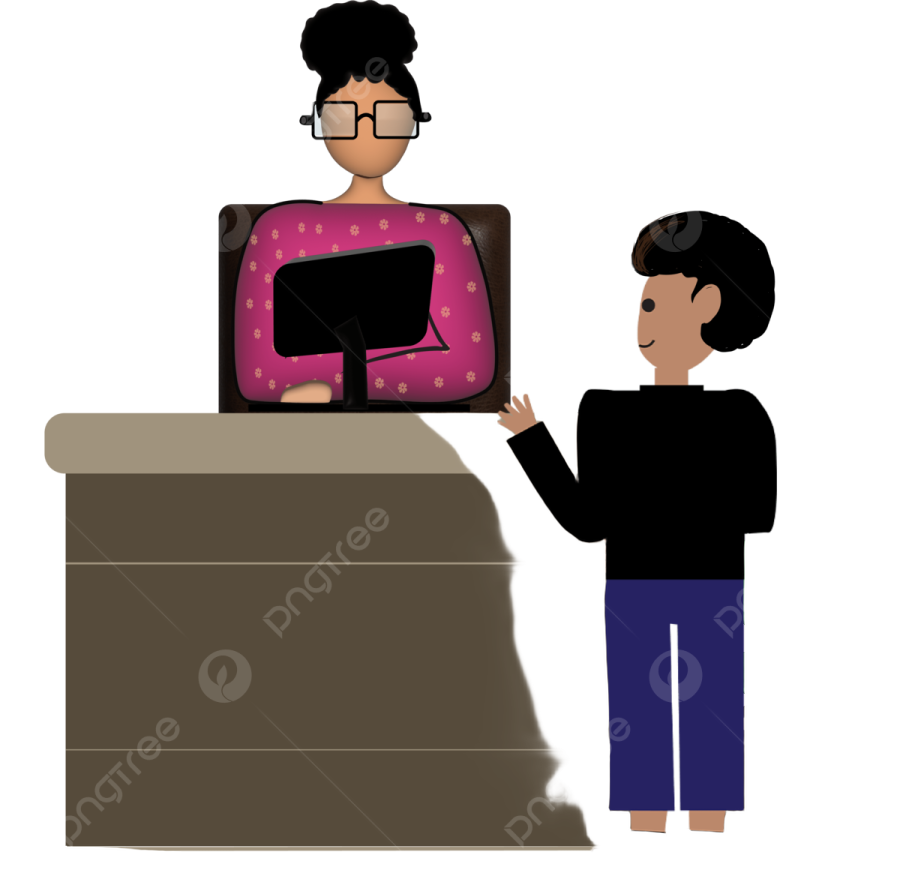 a woman sitting at a desk with her computer