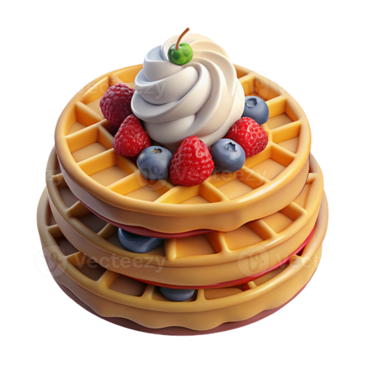 a stack of was with fruit and whipped cream