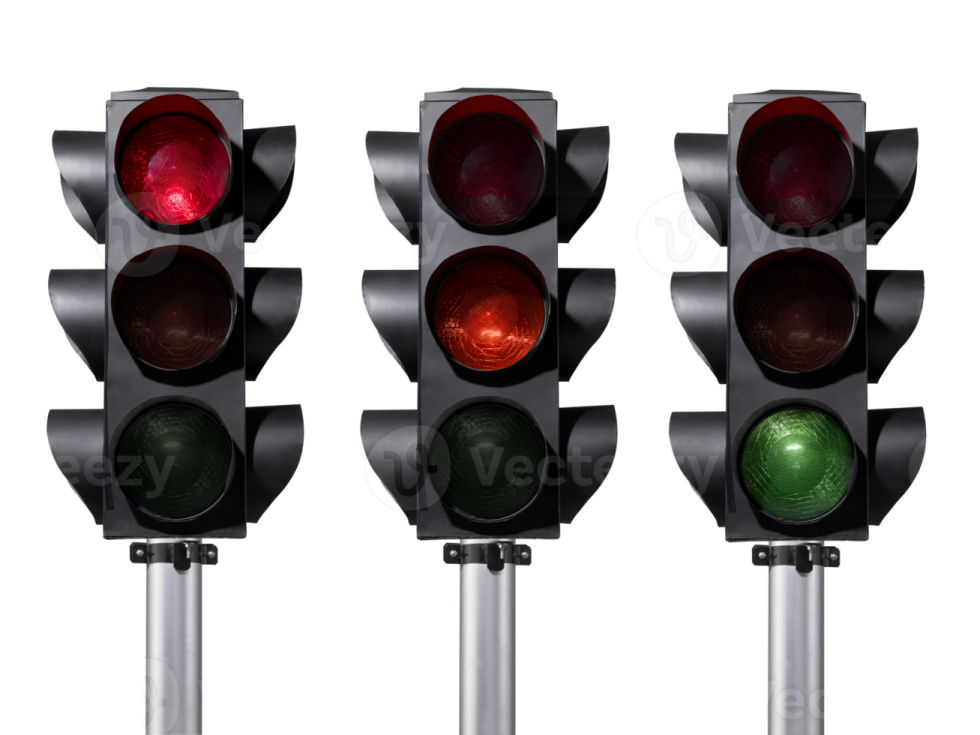 three traffic lights with red and green lights
