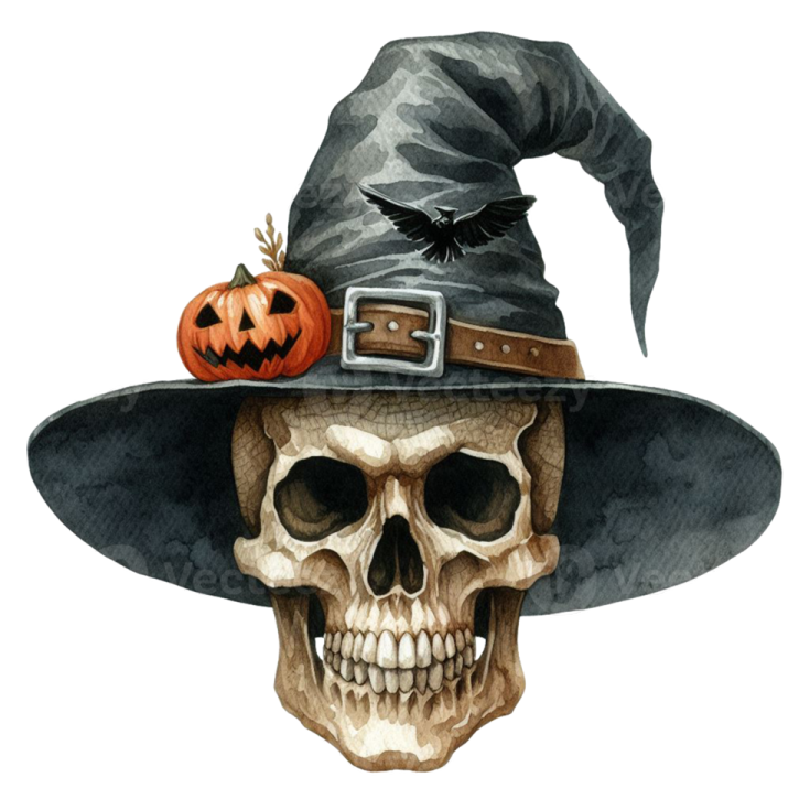 a watercolor painting of a skull wearing a witch hat